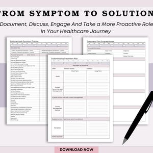 Puede incluir: Un conjunto de formularios m&eacute;dicos imprimibles para el seguimiento de los s&iacute;ntomas de la endometriosis y los planes de tratamiento. Los formularios incluyen secciones para el seguimiento de los s&iacute;ntomas, los planes de acci&oacute;n del tratamiento y las notas de progreso. Un bol&iacute;grafo negro descansa en el lado derecho de la imagen.