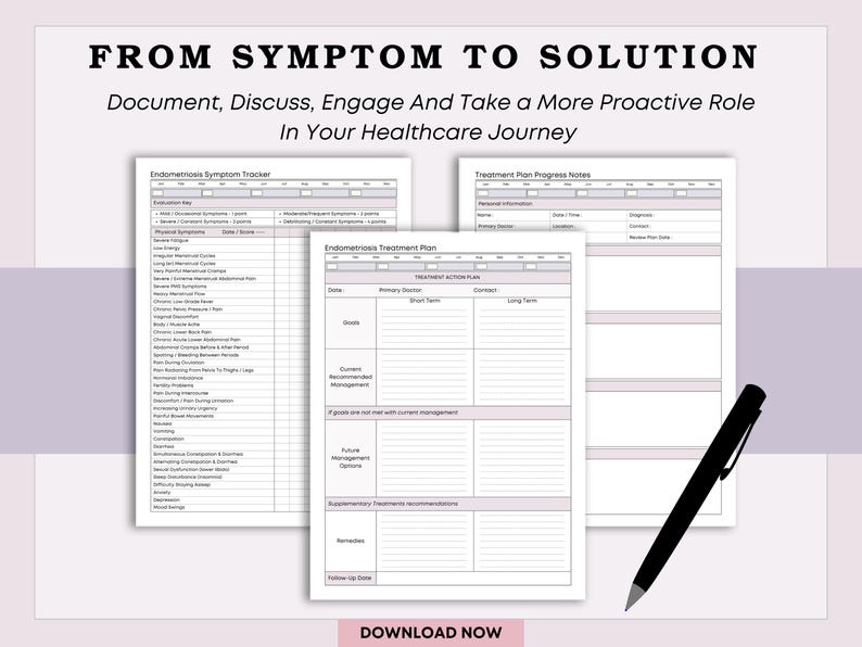 Puede incluir: Un conjunto de formularios m&eacute;dicos imprimibles para el seguimiento de los s&iacute;ntomas de la endometriosis y los planes de tratamiento. Los formularios incluyen secciones para el seguimiento de los s&iacute;ntomas, los planes de acci&oacute;n del tratamiento y las notas de progreso. Un bol&iacute;grafo negro descansa en el lado derecho de la imagen.