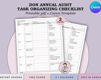 May include: A task organizing checklist titled "DON Annual Audit" with a Canva logo. The checklist is a printable PDF template with two pages. The checklist includes sections for annual review, tasks to do, critical elements to review, and audits.