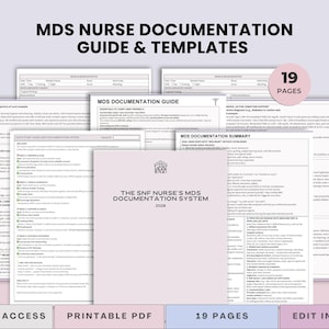 May include: A collection of printable PDF documents titled "MDS Nurse Documentation Guide & Templates". The guide includes a summary, documentation guide, and templates. The cover of the guide is light pink and has the text "The SNF Nurse's MDS Documentation System 2026".