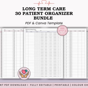 Może przedstawiać: Zestaw drukowanych szablonów organizatora pacjenta. Tytuł brzmi "LONG TERM CARE 30 PATIENT ORGANIZER BUNDLE". Szablony zawierają wykresy do śledzenia leków, nawodnienia i nastroju. Projekt jest w odcieniach bieli i fioletu.