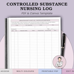 Pode incluir: Um registro de enfermagem intitulado "CONTROLLED SUBSTANCE NURSING LOG" com o texto "PDF & Canva Template". O registro inclui seções para detalhes de medicamentos, informações do paciente e assinaturas de enfermeiras. Uma caneta preta repousa sobre o registro.