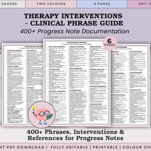Peut inclure: Un guide numérique intitulé "Therapy Interventions - Clinical Phrase Guide" avec le texte "400+ Progress Note Documentation". Le guide est disponible en deux couleurs et six pages. L'image comprend le logo Canva et un personnage de cerveau de dessin animé.