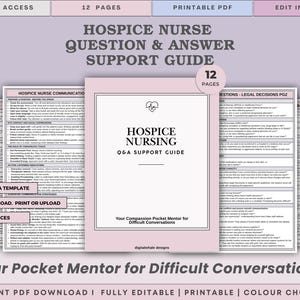 May include: A 12-page hospice nurse question and answer support guide template in a printable PDF format. The document features black text on a light pink background, including sections on communication, legal decisions, and nursing strategies.