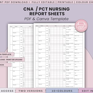 May include: A digital template for CNA/PCT nursing report sheets. The PDF and Canva template includes two versions and over 10 color choices. The design is fully editable and printable, with instant download access.