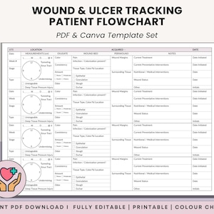 May include: A printable wound and ulcer tracking patient flowchart template set. The PDF and Canva template includes sections for site, location, measurements, exudate, wound bed, acquired, periwound, and notes. The template is available in 6 colors.