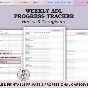 Peut inclure: Un modèle de suivi hebdomadaire des AVQ pour infirmiers et aidants, présentant une mise en page en grille pour noter les signes vitaux, l'hygiène et les activités quotidiennes. Le document inclut des sections pour les détails du patient.