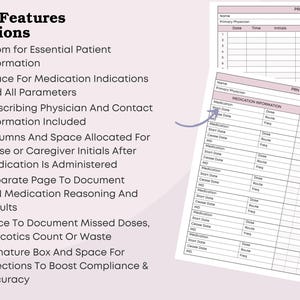 May include: A pink and white medication chart with detailed sections for patient information, medication indications, and physician contact details. Includes space for nurse initials, missed doses, and a signature box. The chart is designed for accuracy and compliance.