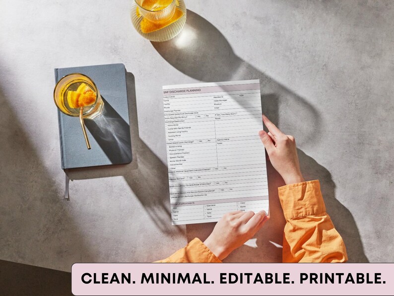 May include: A person holding a printed form with lines and text, with a blue notebook and a glass of beverage with a straw. The image has the text "CLEAN. MINIMAL. EDITABLE. PRINTABLE."