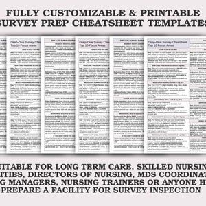 May include: A stack of printable survey prep cheatsheet templates with the text "FULLY CUSTOMIZABLE & PRINTABLE SURVEY PREP CHEATSHEET TEMPLATES". The templates are suitable for long term care facilities and nursing professionals.