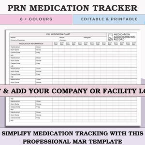 May include: A printable medication tracker template with a white background and a grid layout for recording medication details. The design includes the text "PRN Medication Tracker," "6+ Colors," and "Editable & Printable." The template is designed to simplify medication tracking.