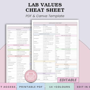 Pode incluir: Uma folha de dicas digital intitulada "LAB VALUES CHEAT SHEET" com o texto "PDF & Canva Template". O documento é branco com detalhes em rosa e roxo e inclui informações médicas. A parte inferior da imagem tem o texto "INSTANT ACCESS", "PRINTABLE PDF", "14 +COLOURS" e "EDIT IN CANVA".