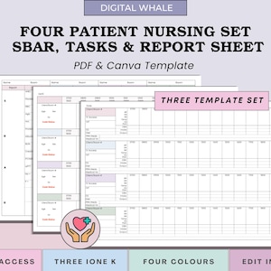 Nursing Report Sheet Trio: SBAR, Hourly Tasks, Meds - 4 Patients (PDF Printable & Canva Template)