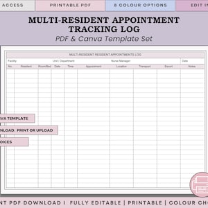 May include: A printable PDF and Canva template set for multi-resident appointment tracking. The log includes fields for resident information, appointment details, and notes. Features include instant download, editable Canva template, and multiple color options.
