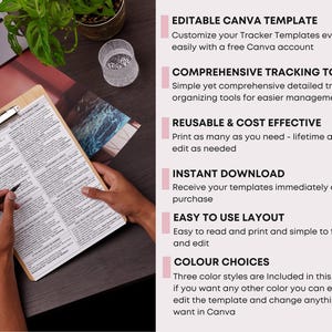 May include: A wooden clipboard with a detailed template is held by a person, with a pen poised to write. The image includes text: "EDITABLE CANVA TEMPLATE", "COMPREHENSIVE TRACKING TOOLS", "REUSABLE & COST EFFECTIVE", "INSTANT DOWNLOAD", "EASY TO USE LAYOUT", and "COLOUR CHOICES".