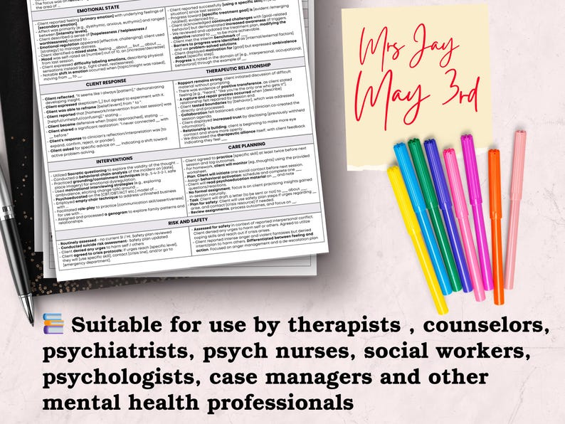 Peut inclure: Un bloc-notes avec du texte imprim&eacute;, un stylo et une collection de marqueurs color&eacute;s. Un post-it indique "Mrs. Jay May 3rd". Le texte en bas dit "Convient aux th&eacute;rapeutes, conseillers, psychiatres, infirmiers en psychiatrie, travailleurs sociaux, psychologues, gestionnaires de cas et autres professionnels de la sant&eacute; mentale."