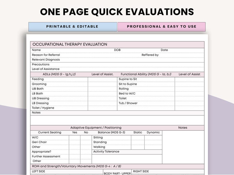 Occupational Therapy Evaluation Form- One Page OT Assessment Template ...