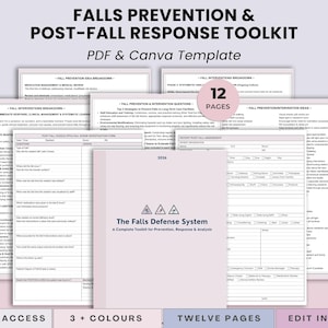 May include: A toolkit for falls prevention and post-fall response, a PDF and Canva template. The cover is light pink with the title "The Falls Defense System". The toolkit includes 12 pages and is available in 3+ colors.