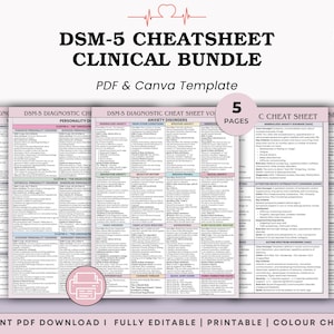 May include: A five-page bundle of DSM-5 diagnostic cheat sheets, available as a PDF and Canva template. The sheets, in a light purple colour scheme, provide detailed information on mental health disorders. The title "DSM-5 CHEATSHEET CLINICAL BUNDLE" is displayed at the top.