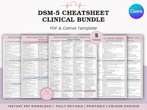 DSM-5 Diagnostic Cheat Sheet Collection - 5-Page Mental Disorder Diagnosis Criteria Reference Guide - PDF + Canva