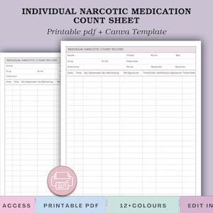 May include: A printable PDF and Canva template for an Individual Narcotic Medication Count Sheet. The document includes fields for drug information, directions, and quantity dispensed, with a purple and white colour scheme.