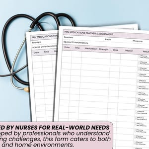 May include: Medical assessment forms with a stethoscope on a light blue background. The forms are labelled "PRN Medications Tracker & Assessment" and include sections for recording medication details. Text at the bottom reads "DESIGNED BY NURSES FOR REAL-WORLD NEEDS."