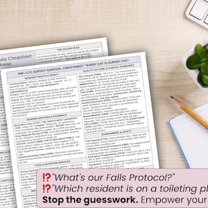 May include: Two white printed documents with text, a pencil, a small potted plant, and a keyboard are on a light-colored surface. The documents have titles like "Deep-Dive Survey Cheatsheet" and "SNF/LTC Survey Survival Cheatsheet". Text on the documents includes "Falls Protocol?" and "toileting plan?"