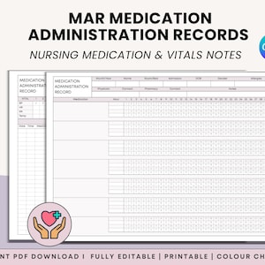 Puede incluir: Una plantilla imprimible de Registro de Administración de Medicamentos (MAR) con el título "MAR MEDICATION ADMINISTRATION RECORDS" y el subtítulo "NURSING MEDICATION & VITALS NOTES". La plantilla incluye secciones para medicamentos, signos vitales y notas. La imagen también incluye el logotipo de Canva.