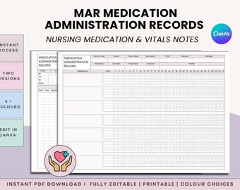 MAR Monthly Medication Administration Record - Printable Daily RX Tracker, Nursing Medicine Log - Pdf + Canva