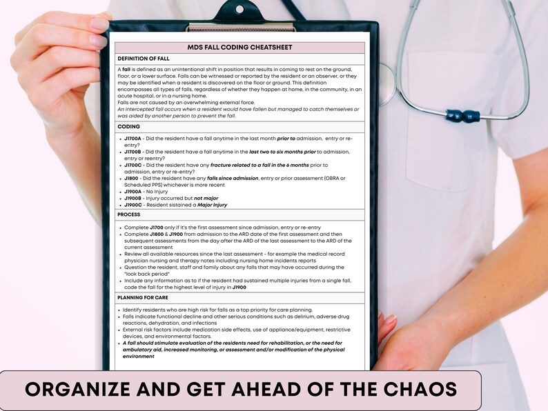 May include: A clipboard with a document titled "MDS Fall Coding Cheatsheet" is held by a person. The document provides definitions and coding instructions related to falls in a healthcare setting. The bottom of the image reads "ORGANIZE AND GET AHEAD OF THE CHAOS."