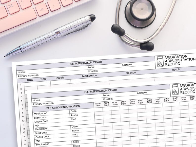 May include: A medication administration record chart with the text "PRN Medication Chart" and "Medication Administration Record". A stethoscope, a pen, and a pink keyboard are also visible.
