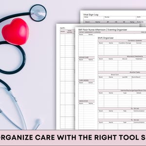 Peut inclure: Un st&eacute;thoscope noir avec un c&oelig;ur rouge et des formulaires m&eacute;dicaux. Les formulaires comprennent des sections pour les signes vitaux, l'organisation des quarts de travail, les soins des plaies et les m&eacute;dicaments. Le texte sur l'image se lit : ORGANISEZ LES SOINS AVEC LE BON ENSEMBLE D'OUTILS.