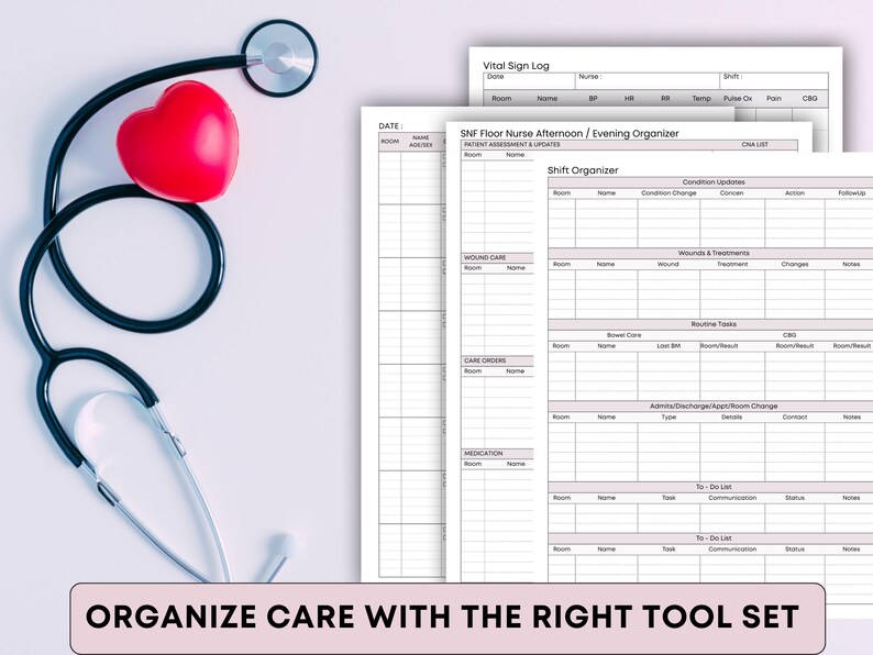 Peut inclure: Un st&eacute;thoscope noir avec un c&oelig;ur rouge et des formulaires m&eacute;dicaux. Les formulaires comprennent des sections pour les signes vitaux, l'organisation des quarts de travail, les soins des plaies et les m&eacute;dicaments. Le texte sur l'image se lit : ORGANISEZ LES SOINS AVEC LE BON ENSEMBLE D'OUTILS.