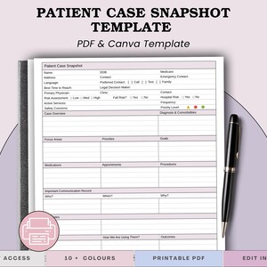 May include: A Patient Case Snapshot template document featuring sections for patient information, case overview, diagnosis, medications, and communication records. The form includes checkboxes and blank fields, accompanied by a black ballpoint pen.