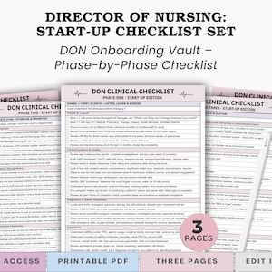 Könnte beinhalten: Ein Checklisten-Set für den Start einer Pflegedienstleitung, mit einer Schritt-für-Schritt-Anleitung. Die Dokumente sind in Rosa und Weiß gehalten, mit dem Text "DON Clinical Checklist" und "3 Pages" sichtbar.