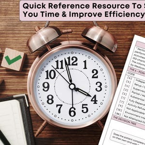 May include: A rose gold alarm clock with a white face sits on a wooden surface, next to a notepad and pencil. Wooden blocks with symbols and a reference sheet are also present. The text at the top reads "Quick Reference Resource To Save You Time & Improve Efficiency."