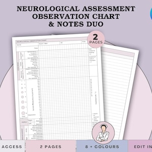 May include: A Neurological Assessment Observation Chart & Notes Duo. The chart includes sections for recording patient observations, such as Spontaneous, Eye Opening, Verbal Response, and Blood Pressure. The image also includes the text "2 Pages", "8+ Colours", and "Edit in Canva".