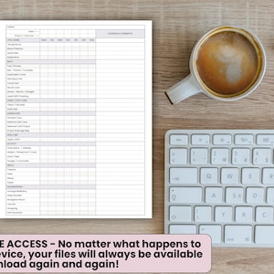 Puede incluir: Un planificador con una tabla detallada para el seguimiento de m&eacute;tricas de salud, una taza de caf&eacute;, un teclado y auriculares en una superficie de madera. El planificador incluye el texto "LIFETIME ACCESS - No matter what happens to your device, your files will always be available to download again and again!"
