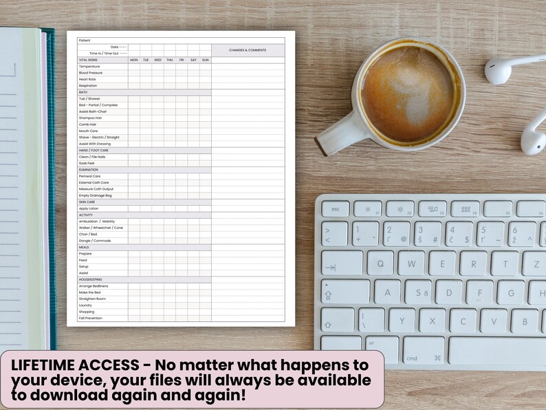 Puede incluir: Un planificador con una tabla detallada para el seguimiento de m&eacute;tricas de salud, una taza de caf&eacute;, un teclado y auriculares en una superficie de madera. El planificador incluye el texto "LIFETIME ACCESS - No matter what happens to your device, your files will always be available to download again and again!"