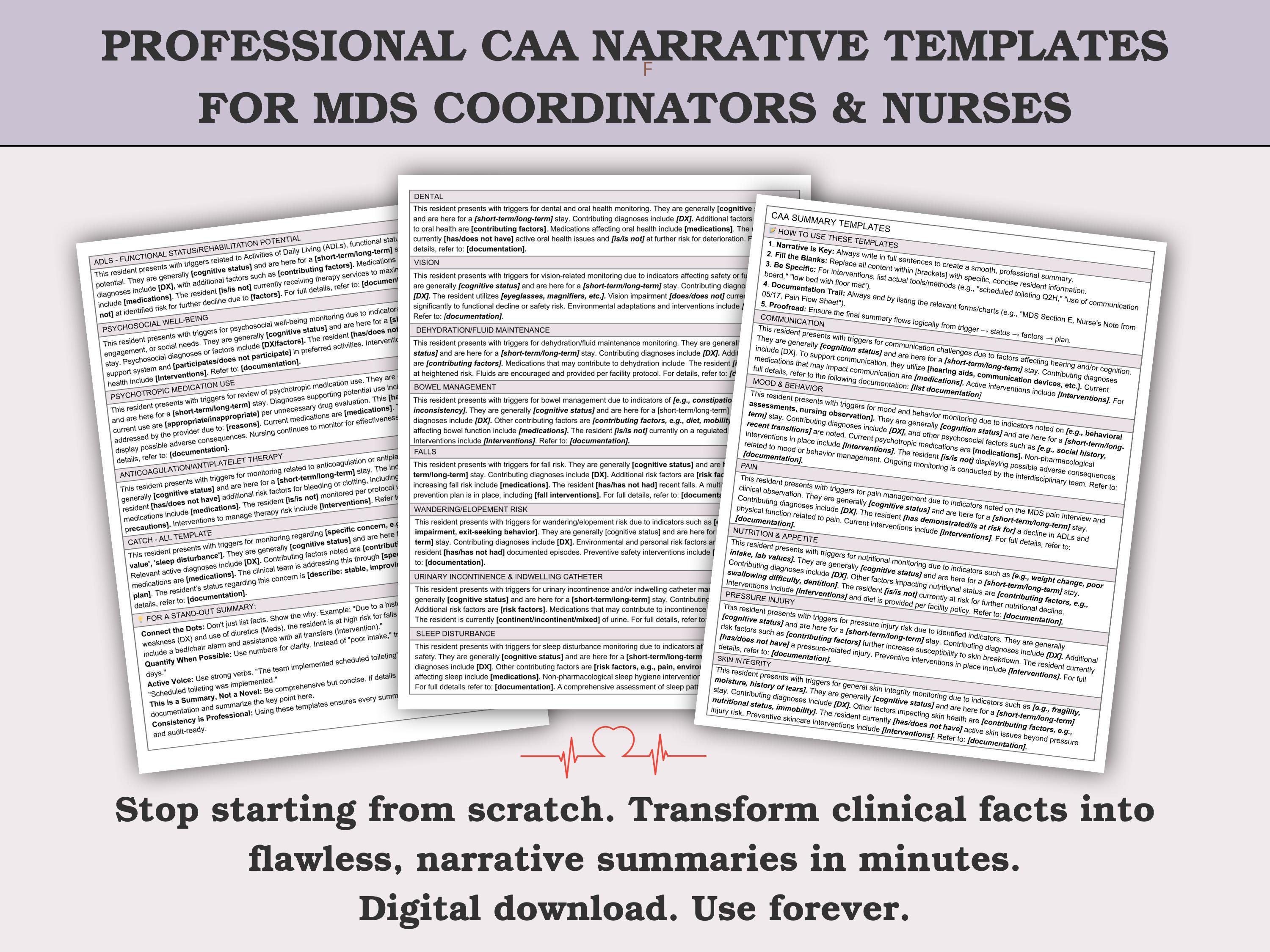 CAA & Resident Assessment Narrative Summary Templates | MDS 3.0 | Nurse ...
