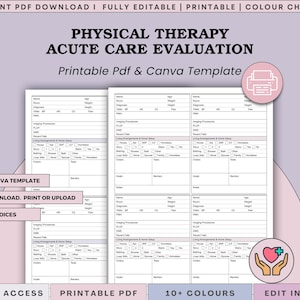 May include: A physical therapy acute care evaluation form template in PDF and Canva format. The document features sections for patient information, diagnosis, vital signs, imaging procedures, living arrangements, home setup, and clinical notes.