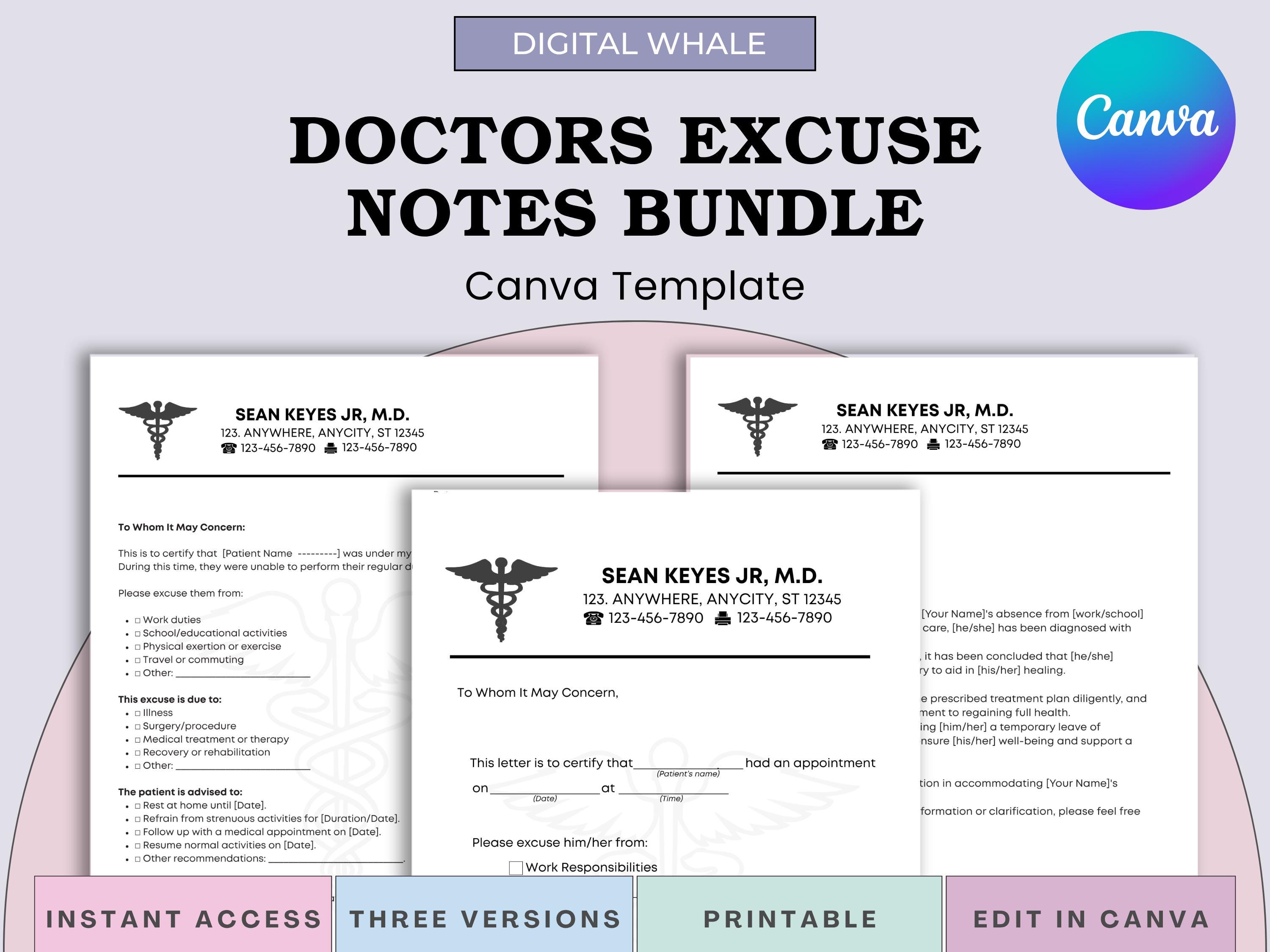 Editable Doctor Excuse Note Template: Canva Compatible (digital ...