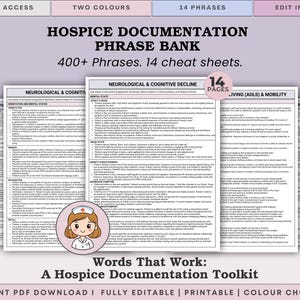 Może przedstawiać: Cyfrowy bank zwrotów do dokumentacji hospicyjnej zawierający 14 arkuszy z ponad 400 frazami do ocen neurologicznych, poznawczych i codziennych, z ikoną pielęgniarki oraz nagłówkami tekstowymi dla szybkiego dostępu.