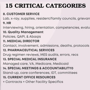 May include: A list titled "15 Critical Categories" with numbered sections including Customer Service, HR, Quality Management, Medical Director, Pharmaceutical Services, Special Medical Insurance, and more. The text is in black on a light purple background.