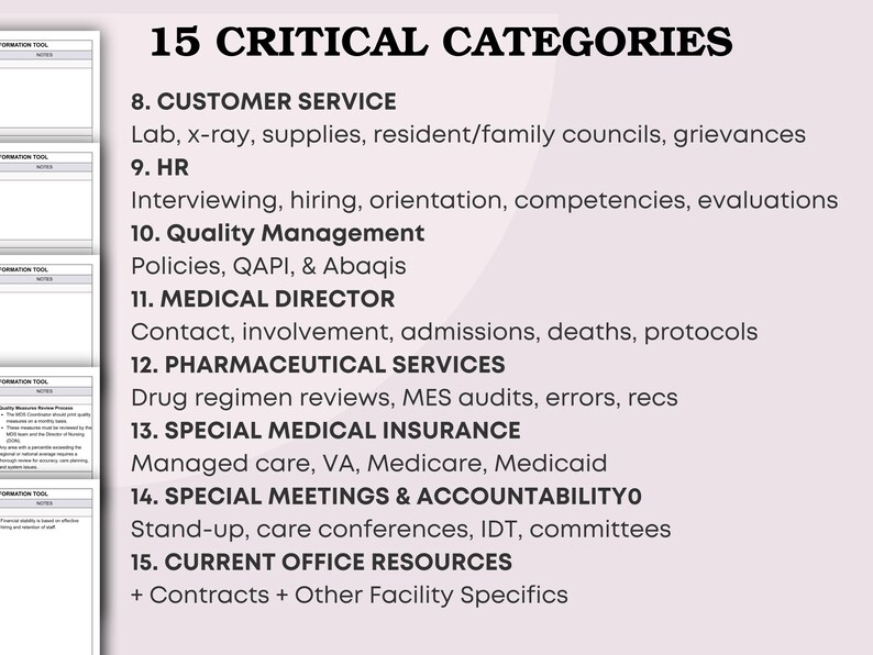 May include: A list titled "15 Critical Categories" with numbered sections including Customer Service, HR, Quality Management, Medical Director, Pharmaceutical Services, Special Medical Insurance, and more. The text is in black on a light purple background.