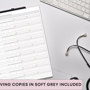 May include: A white clipboard with a medication tracker form, a black stethoscope, and a silver keyboard on a white surface. The form is labeled "Post-Surgery Medication Tracker" and includes the text "Ink Saving Copies in Soft Grey Included".