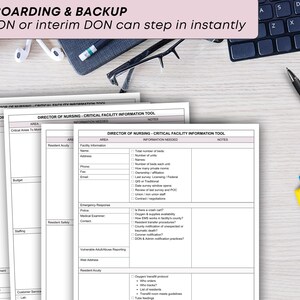 May include: White paper documents labeled "DIRECTOR OF NURSING - CRITICAL FACILITY INFORMATION TOOL" are displayed on a light wood grain surface. The text "ONBOARDING & BACKUP" is at the top. A black keyboard, pen, and colorful markers are also visible.
