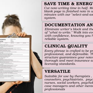 Peut inclure: Une personne tient un presse-papiers avec un formulaire de notes de progression. Le presse-papiers a un cadre en bois et un clip en m&eacute;tal. L'image contient du texte tel que "Save Time & Energy", "Documentation Anxiety", "Clinical Quality", et "Versatile".