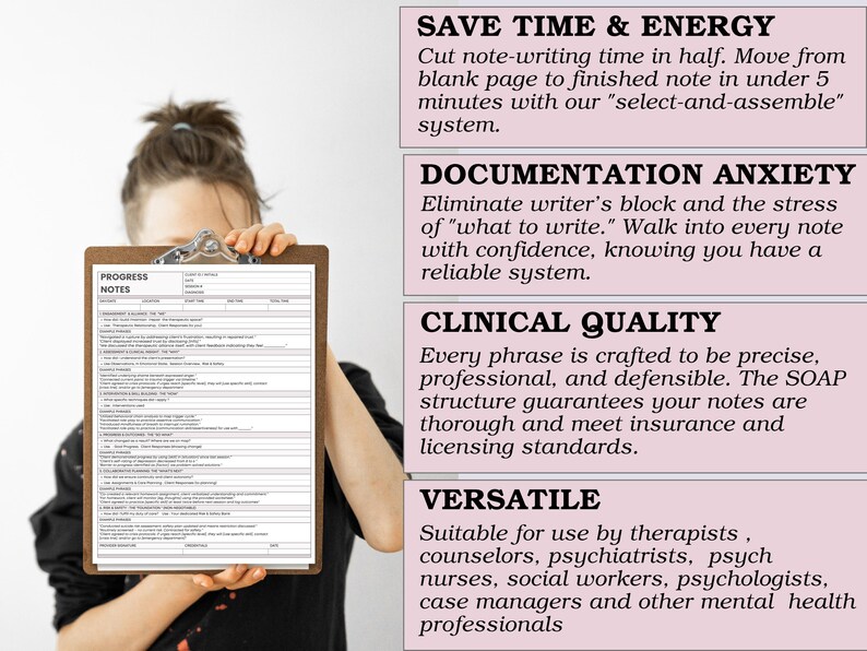 Peut inclure: Une personne tient un presse-papiers avec un formulaire de notes de progression. Le presse-papiers a un cadre en bois et un clip en m&eacute;tal. L'image contient du texte tel que "Save Time & Energy", "Documentation Anxiety", "Clinical Quality", et "Versatile".