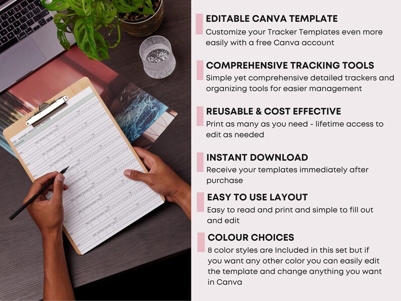 May include: A wooden clipboard with a lined paper template is held by a person. A pen is poised above the paper. The image includes text about editable templates, tracking tools, and instant downloads. A laptop, plant, and glass are also visible.